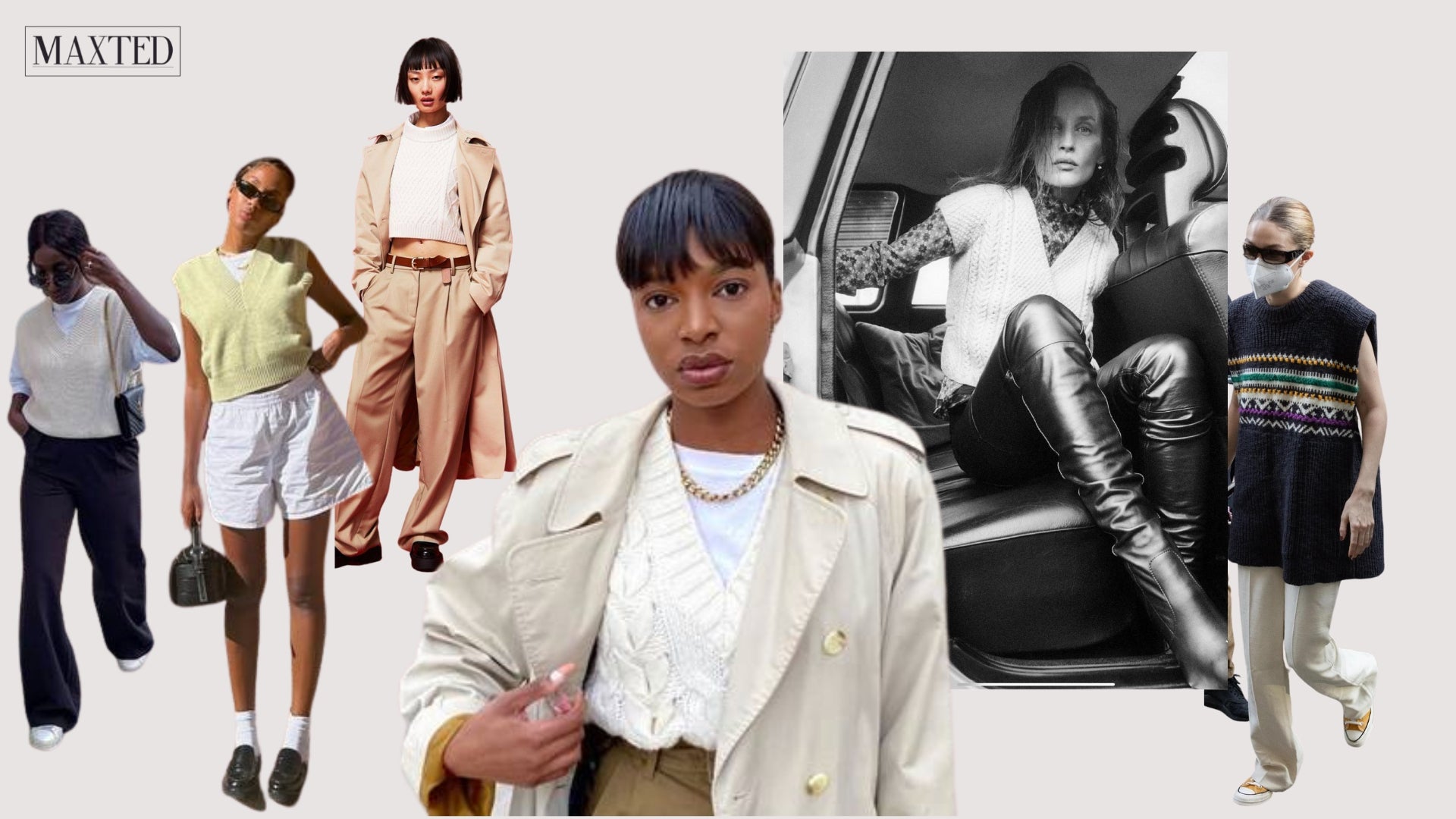 A collage of women wearing sleeveless knit tops