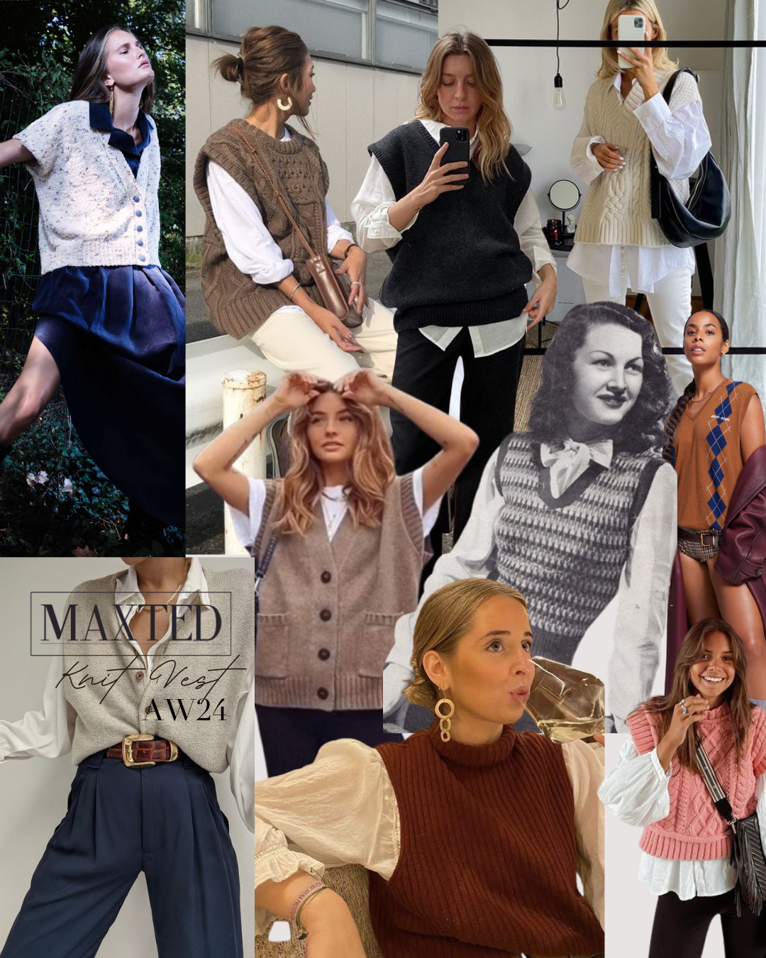 A collage of women wearing knit vests