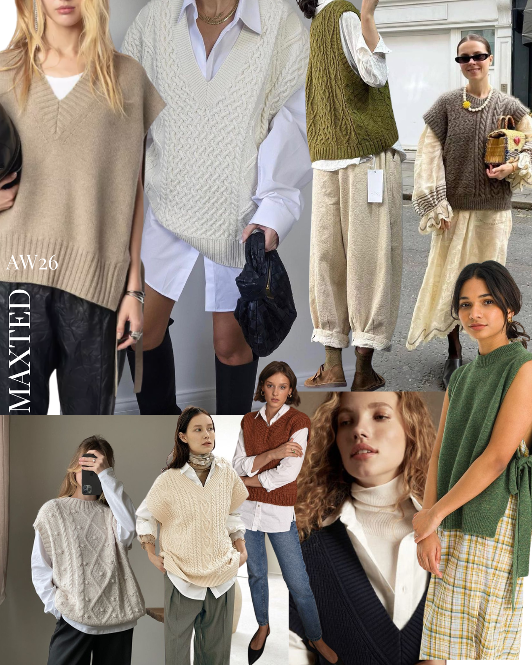 a collage of knit vests