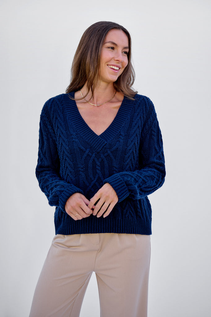 Navy V- Neck Cable