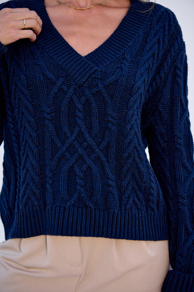 Navy V- Neck Cable