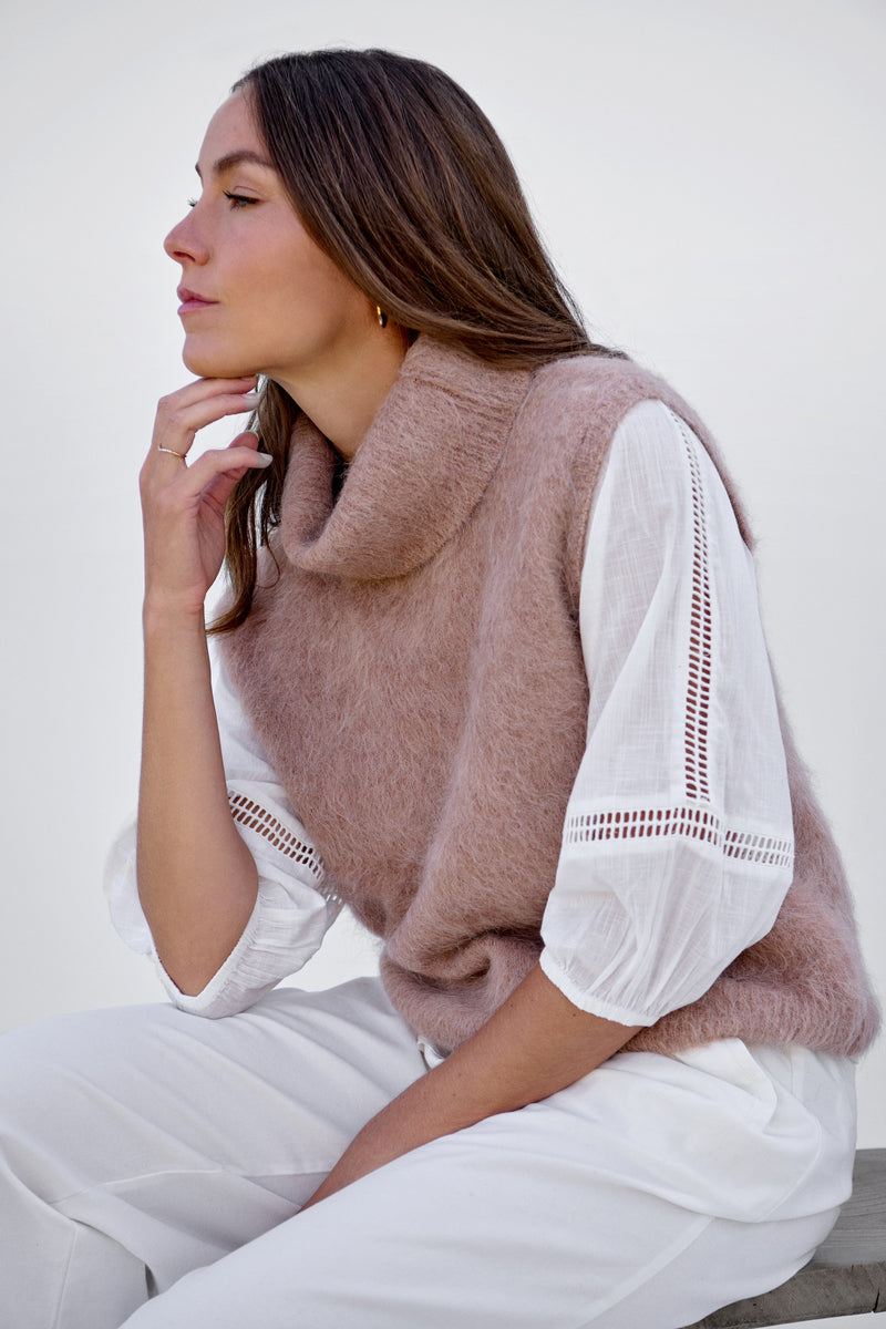 Oat Brushed Sleeveless Roll Neck