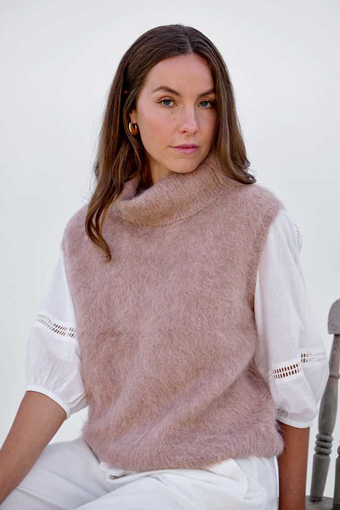 Oat Brushed Sleeveless Roll Neck