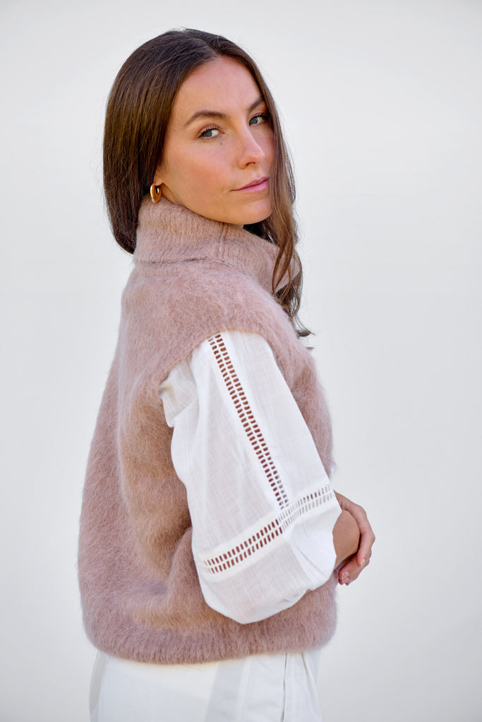 Oat Brushed Sleeveless Roll Neck