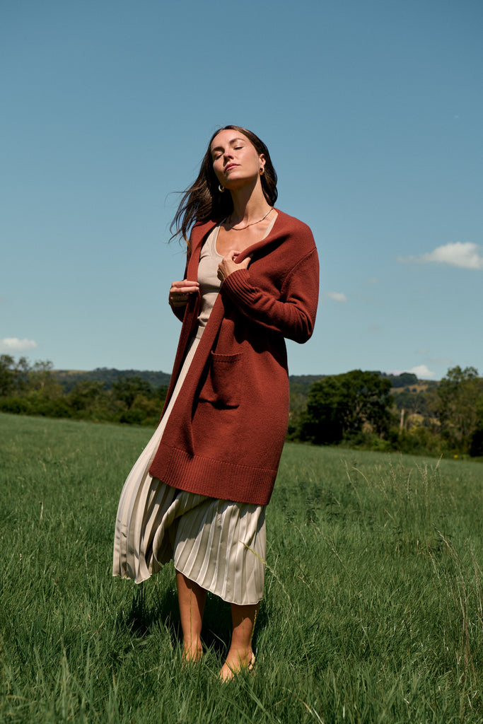 Rust Merino Long Line Cardigan