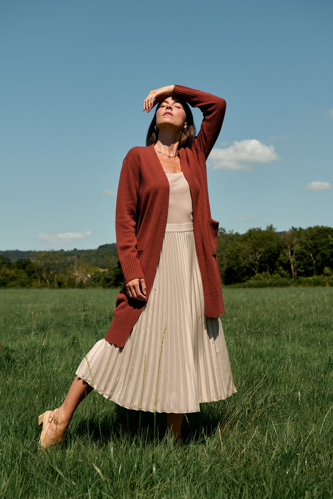 Rust Merino Long Line Cardigan