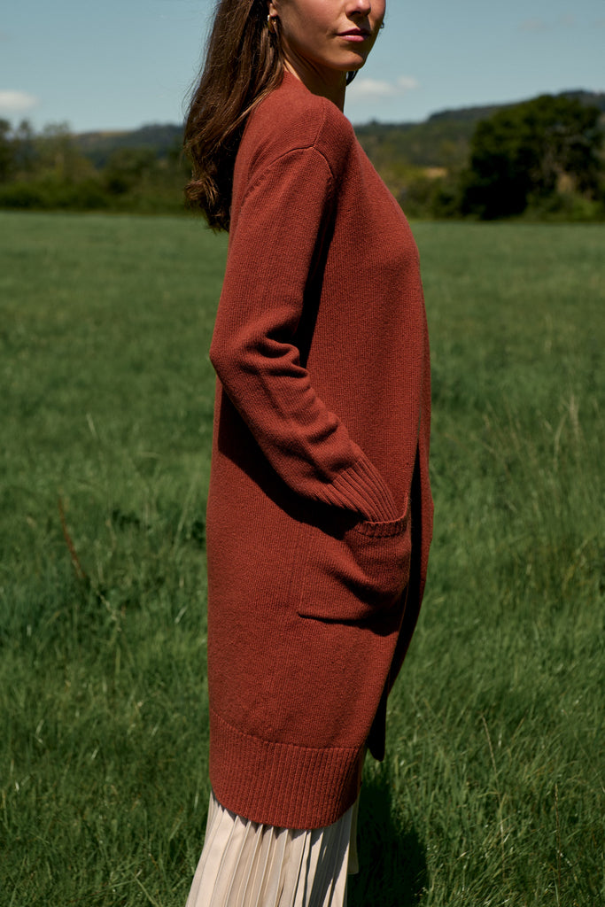 Rust Merino Long Line Cardigan