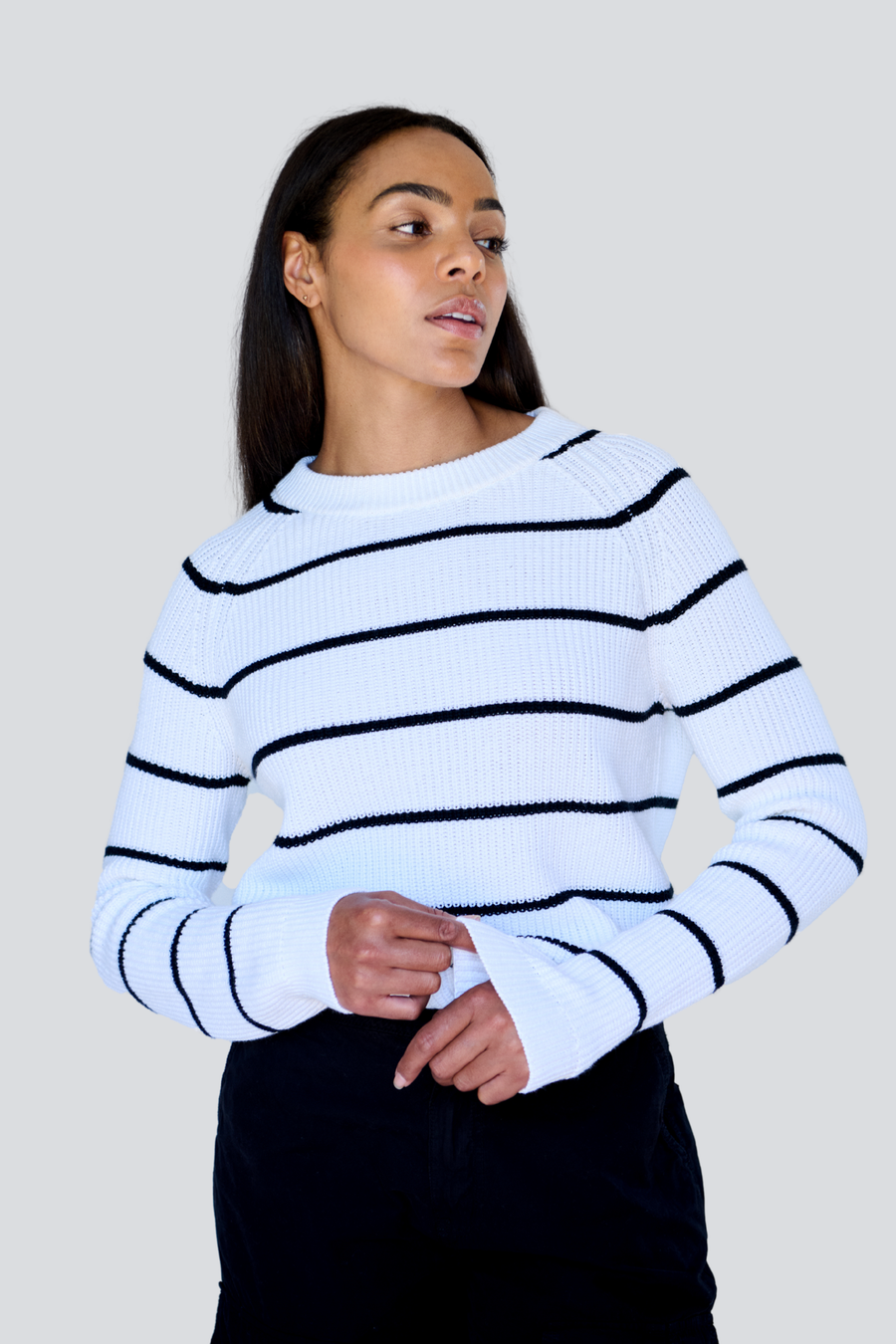 White/ Black Stripe Bell Pullover