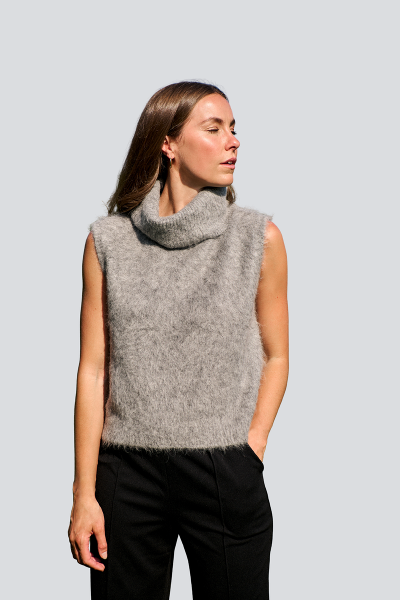 Charcoal Brushed Sleeveless Roll Neck