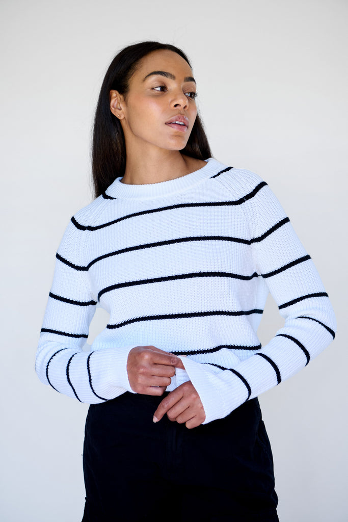 White/ Black Stripe Bell Pullover