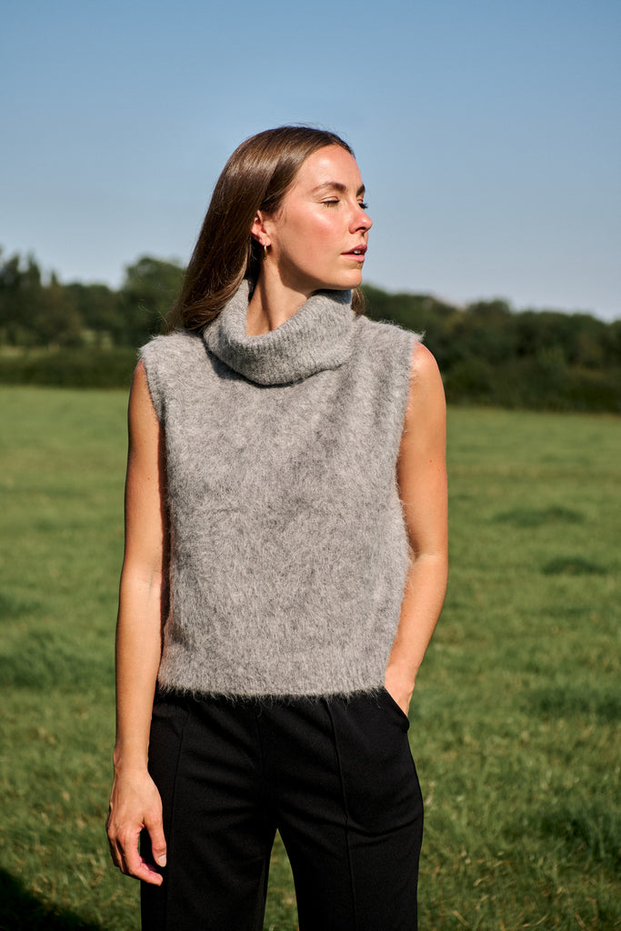 Charcoal Brushed Sleeveless Roll Neck