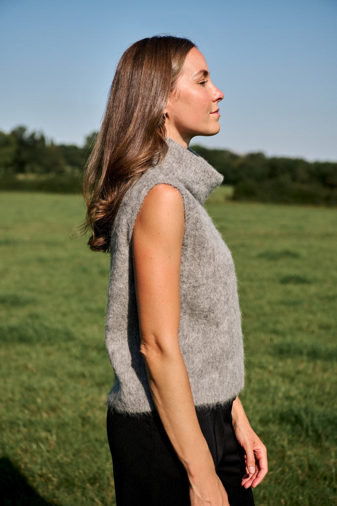 Charcoal Brushed Sleeveless Roll Neck