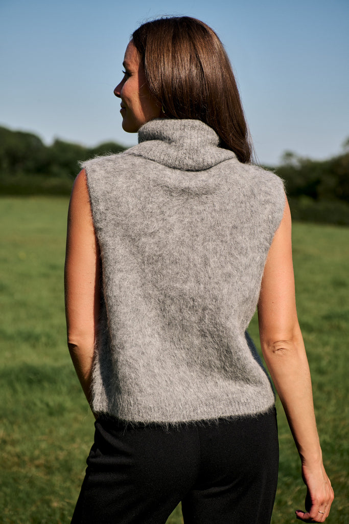 Charcoal Brushed Sleeveless Roll Neck