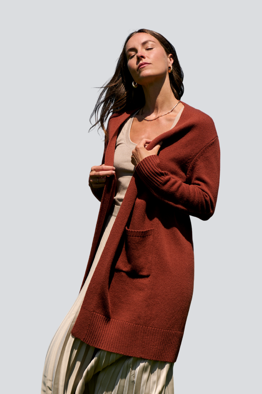 Rust Merino Long Line Cardigan
