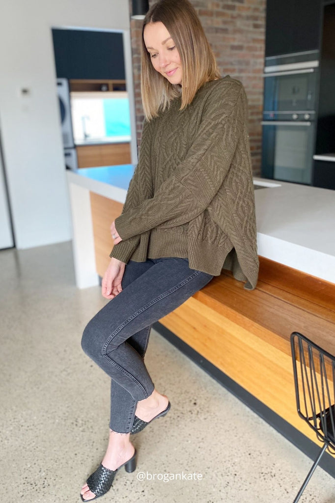 Merino Khaki Soft Touch Cable Pullover