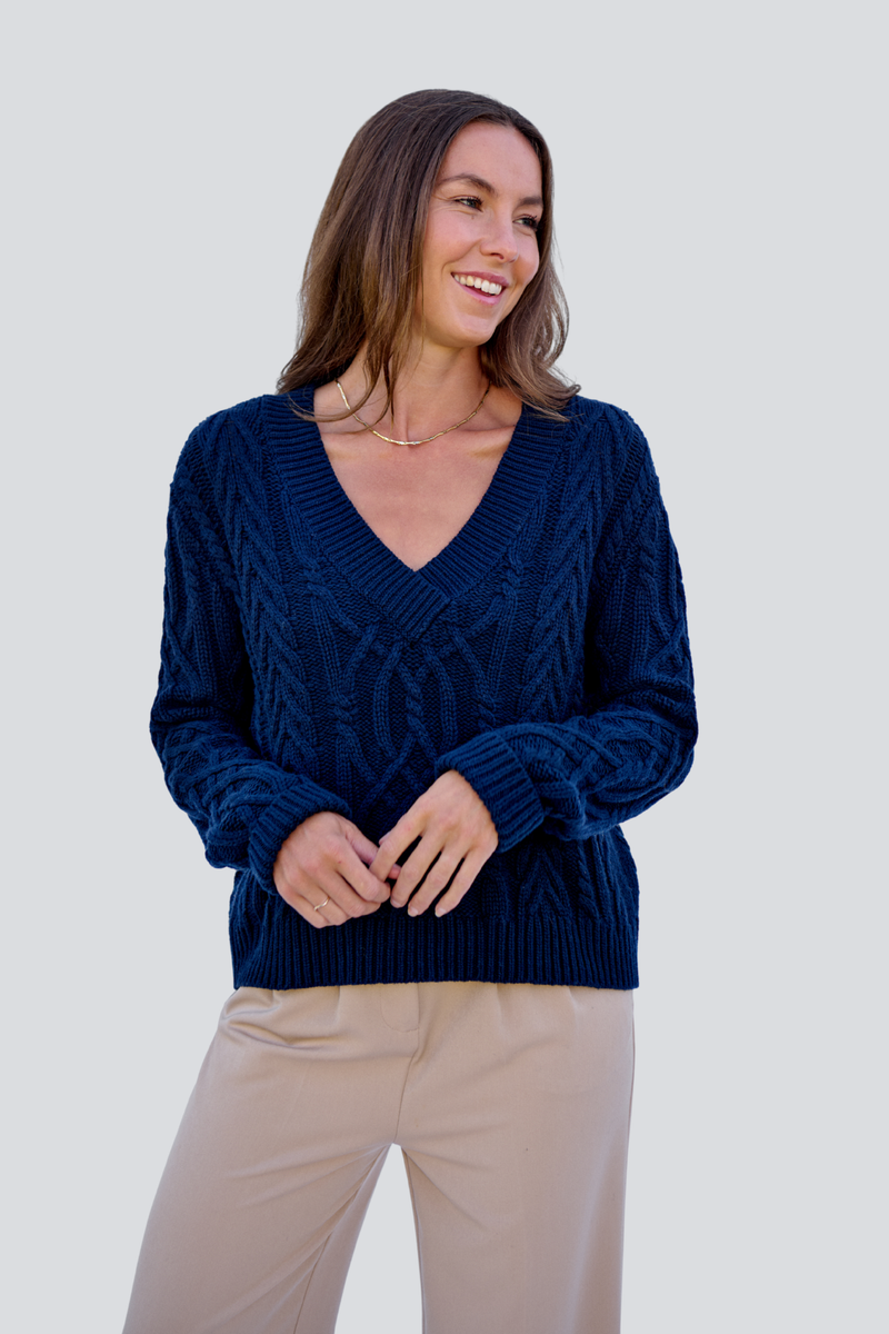 Navy V- Neck Cable