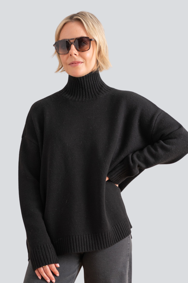 Black Merino Mock Neck Pullover