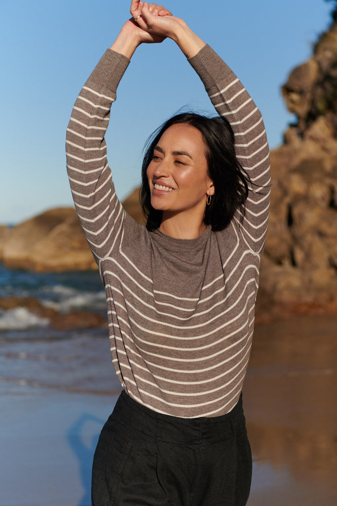 Toast/Oatmeal Stripe Fine Knit Pullover