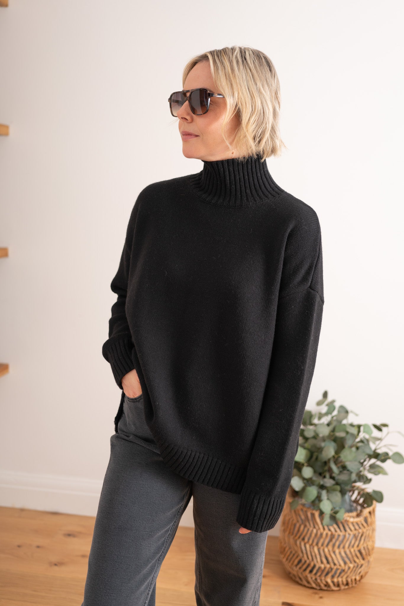 Black Merino Mock Neck Pullover