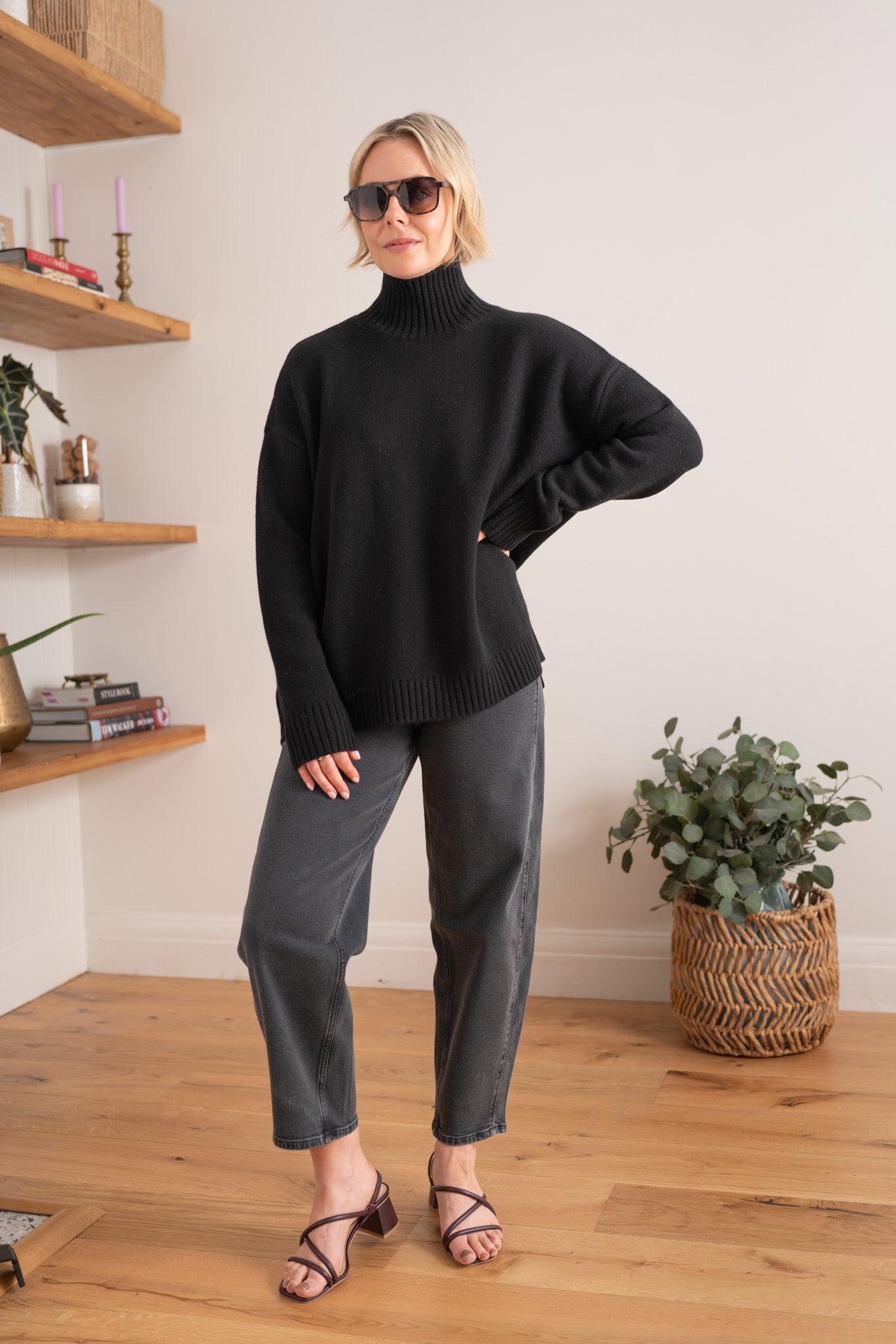 Black Merino Mock Neck Pullover