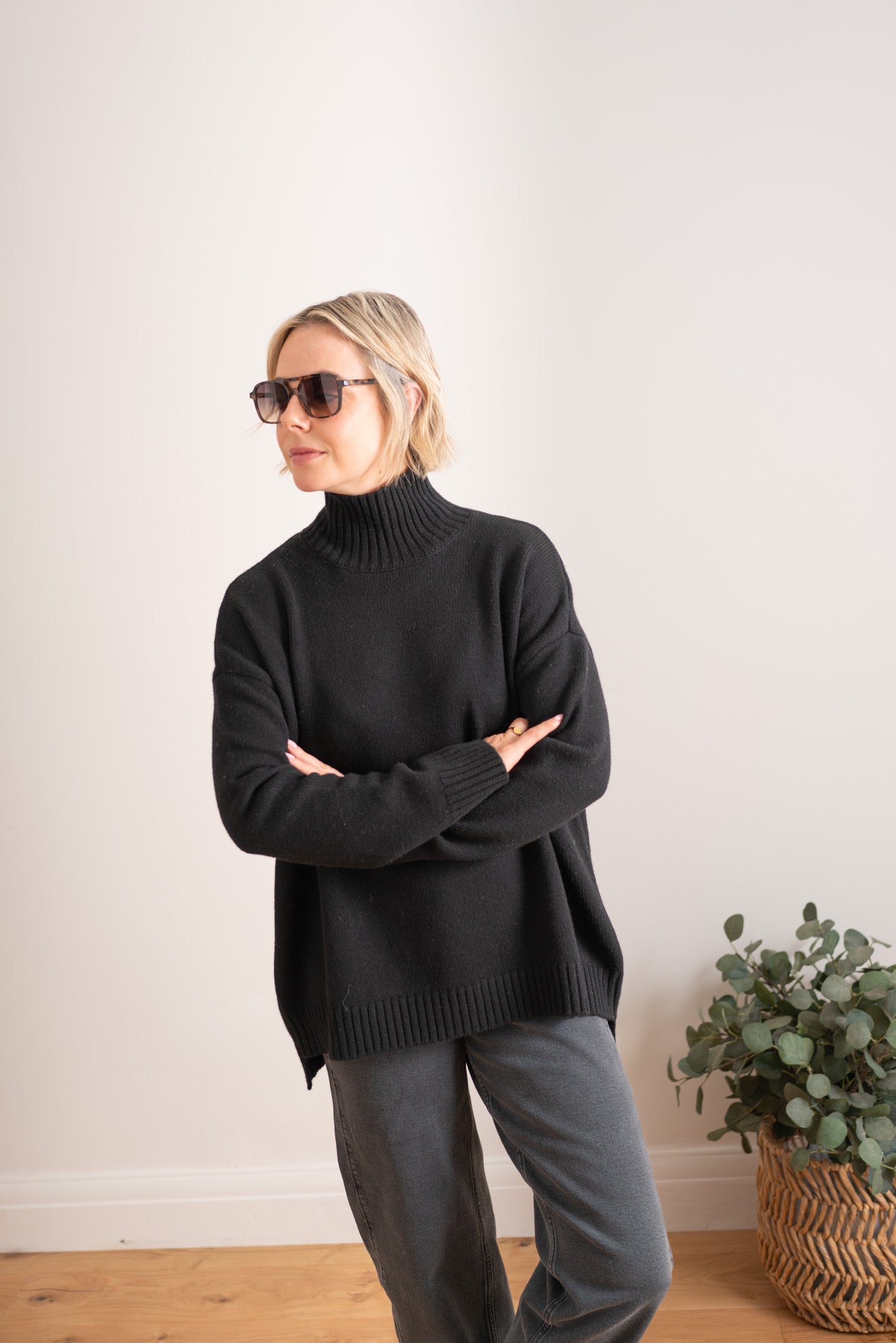 Black Merino Mock Neck Pullover