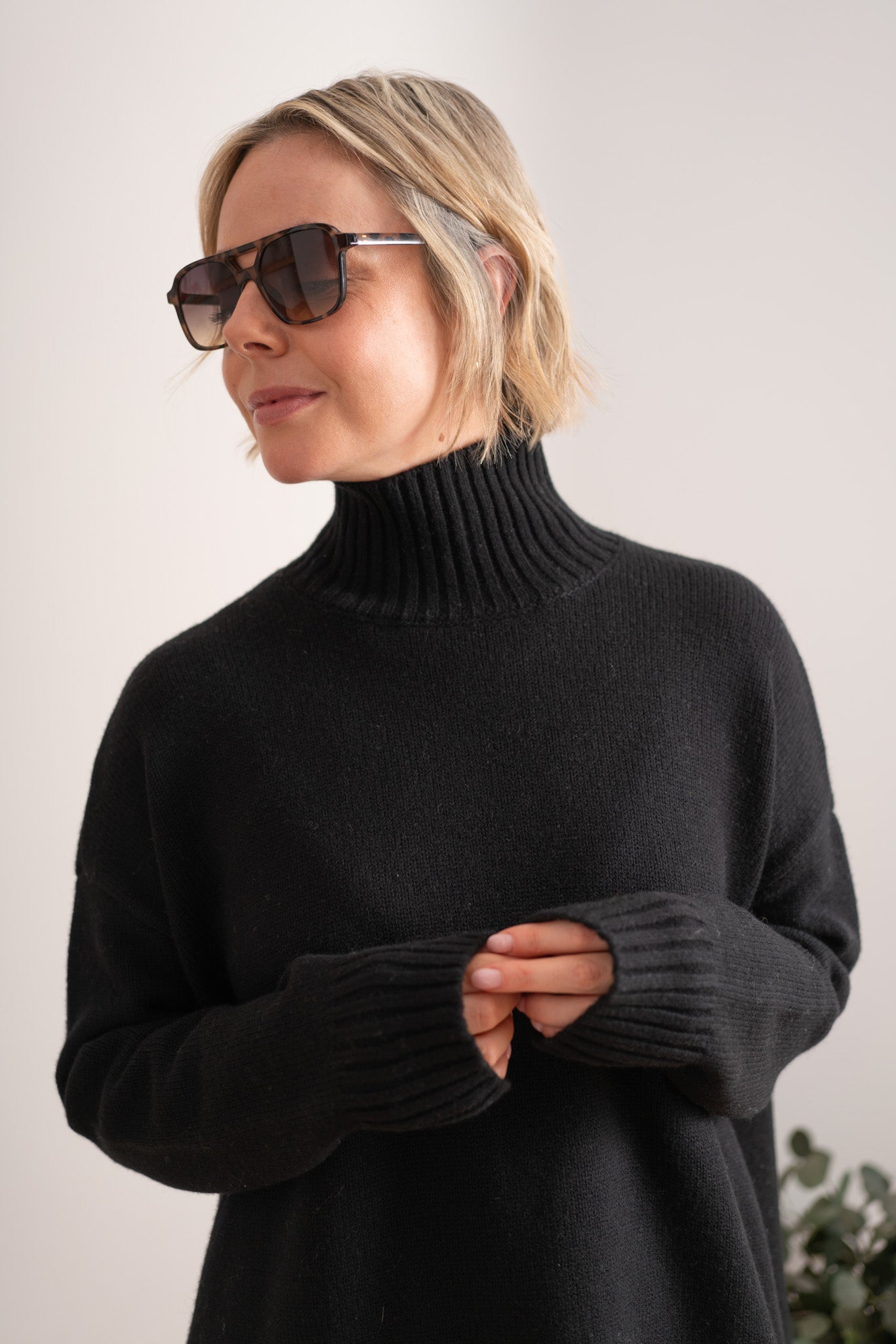Black Merino Mock Neck Pullover