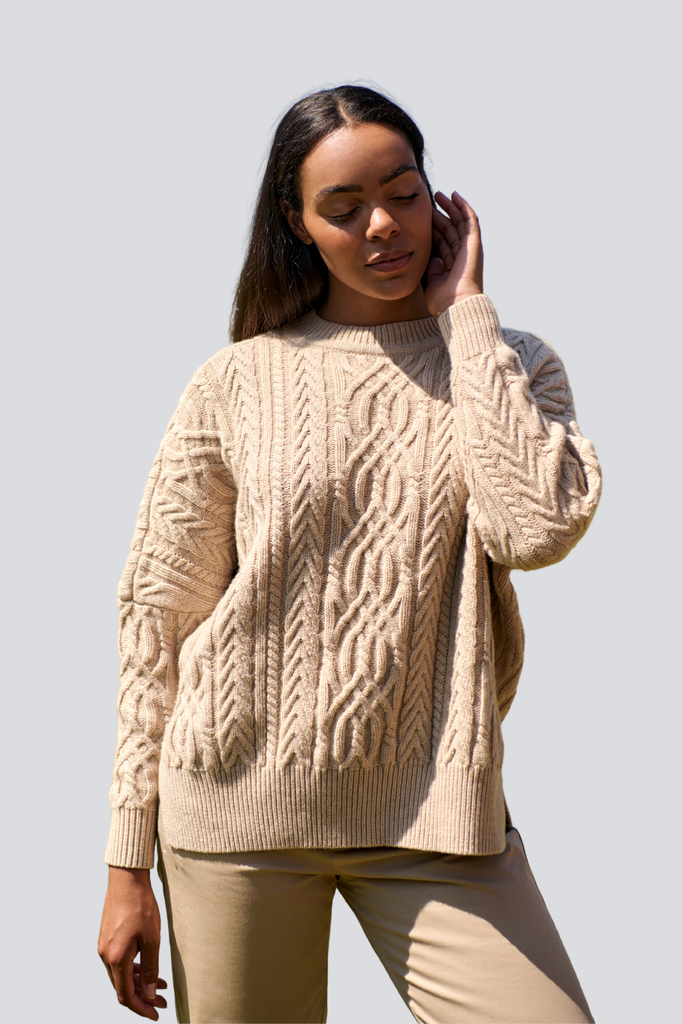 Merino Pale Oat Soft Touch Cable Pullover