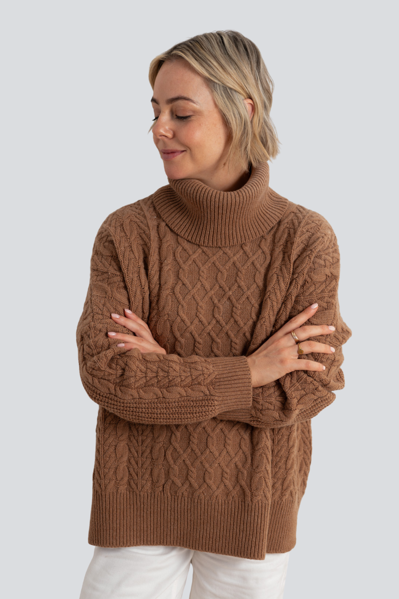 Camel Merino Cable Roll Neck